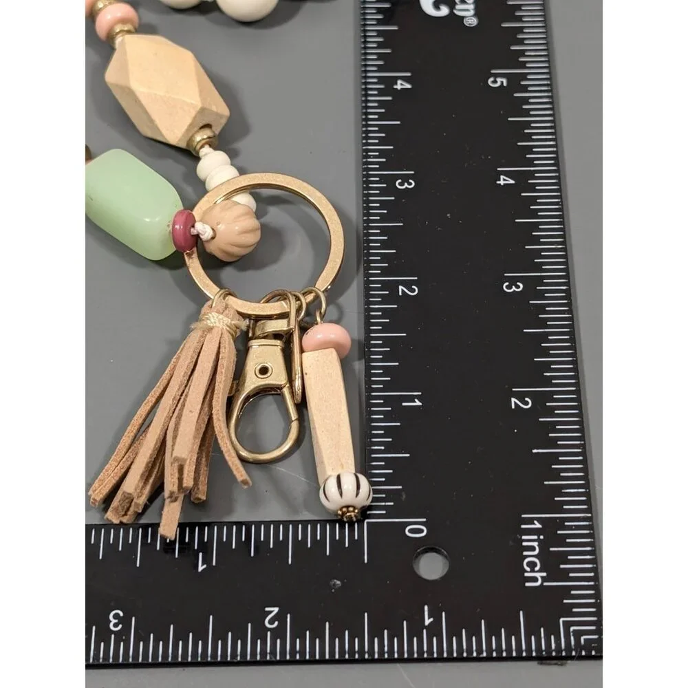 Plunder Boho Beaded Tassel‎ ID Badge Holder Cream Green Long Necklace 38 in